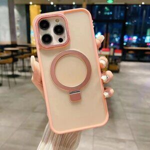 iPhone 15 Pro Max MagSafe Ring Stand Case With Glass Screen Protector, Pink